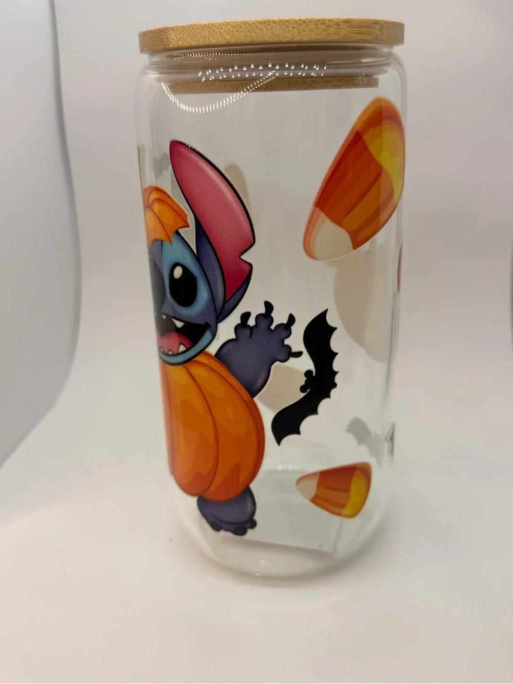 Halloween Stitch Pumpkin Glass Tumbler with Bamboo Lid - Orange